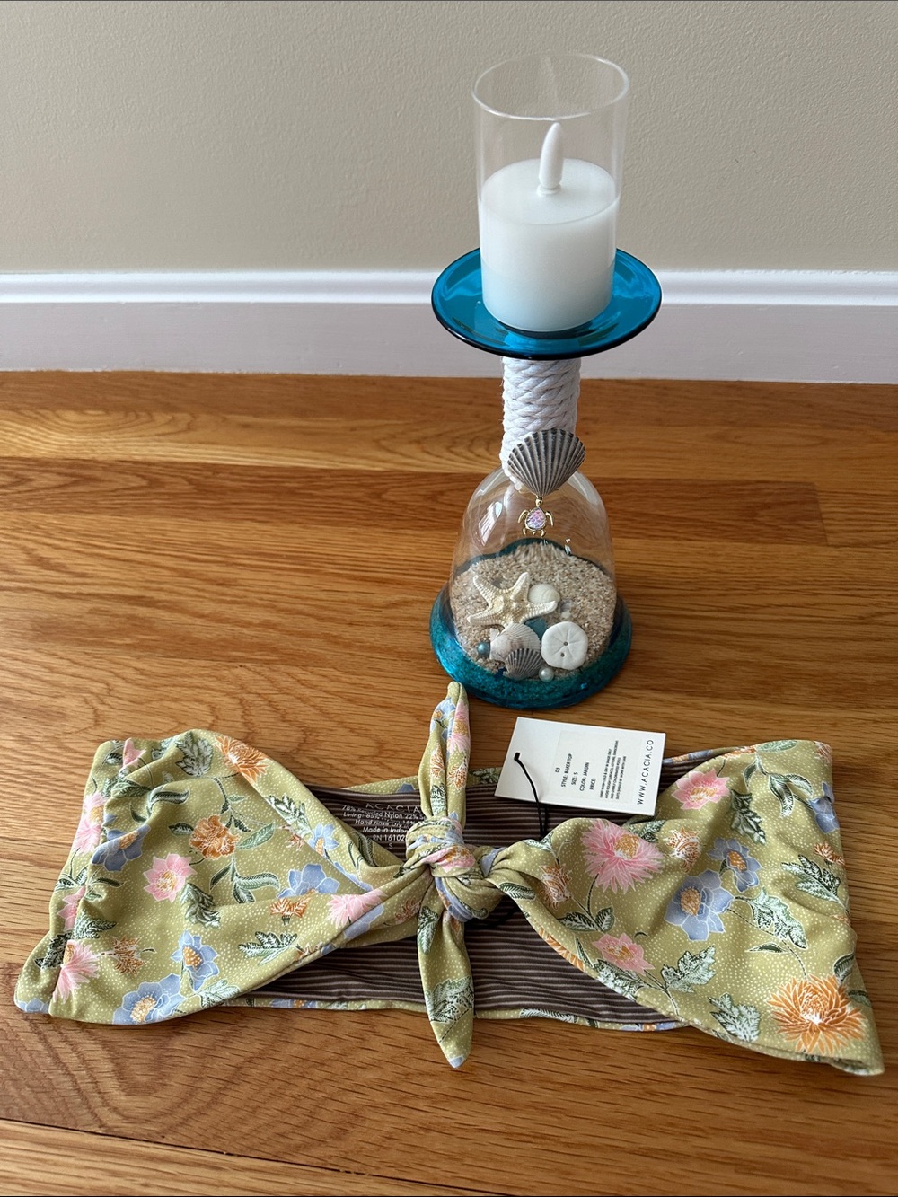 Acacia Jardin Bandeau Bikini Top NWT size small - Floral tie Light Olive & Pink